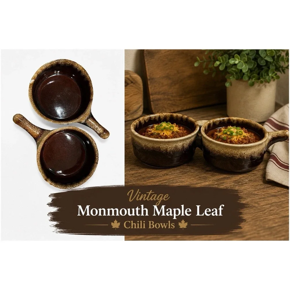 VTG USA Monmouth Maple Leaf Brown Drip Glaze Chili Soup Bowl Stoneware Set Of 2